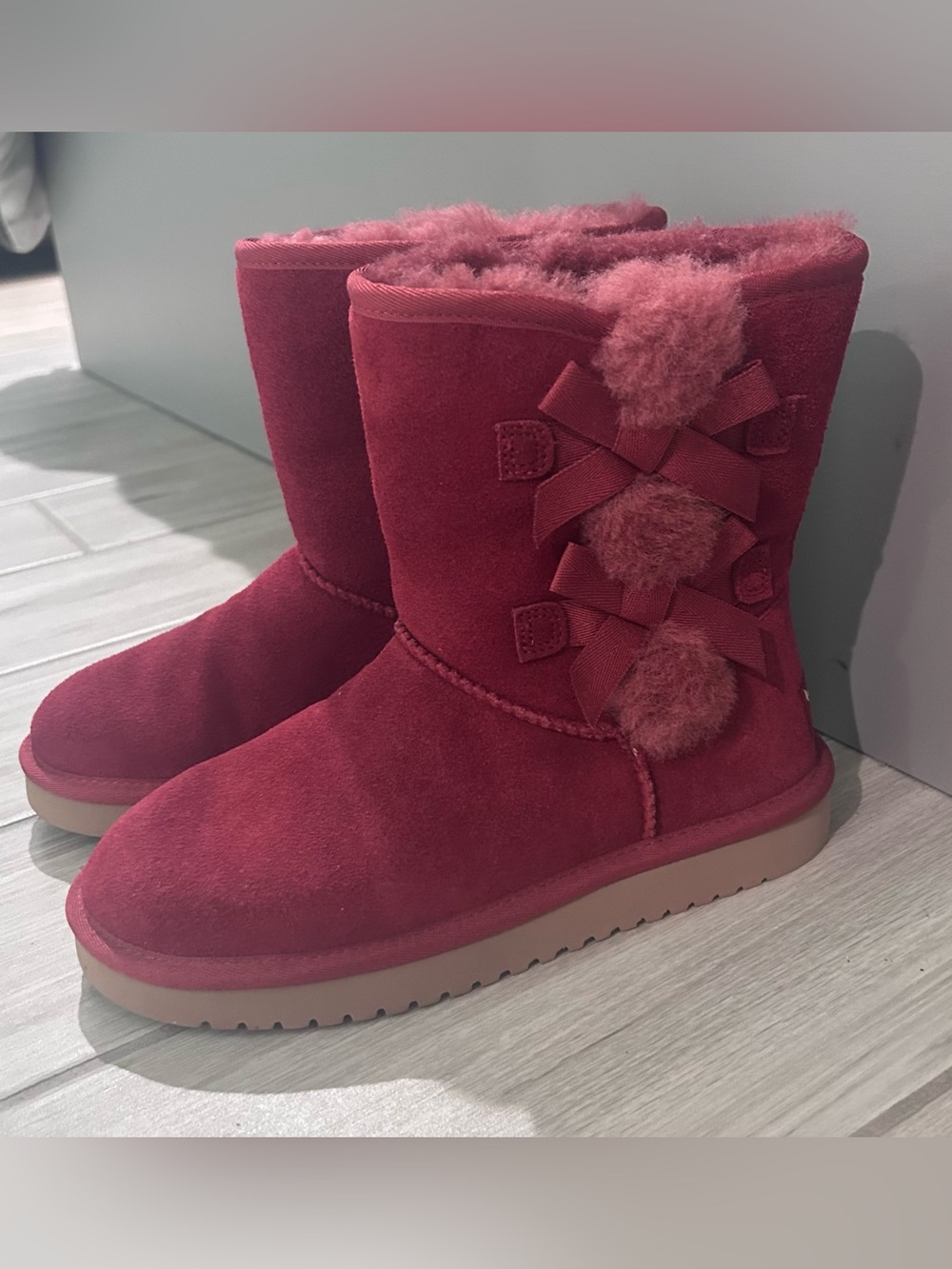 Koolaburra Red Suede Shearling Mid-Calf Boots with Pom Bows